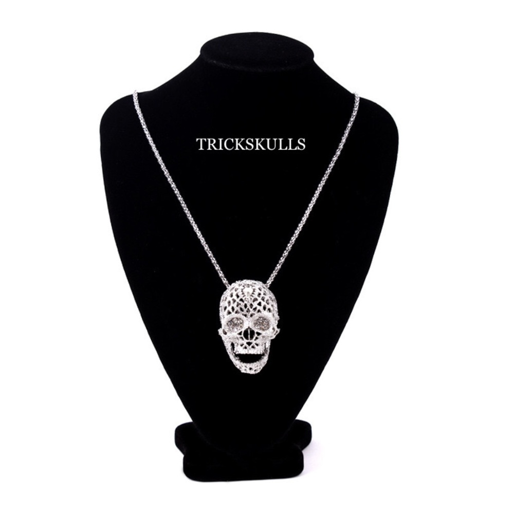 Silver Stainless Iced Rhinestone Stereo Skull Necklace 24”in Chain New & Sealed!